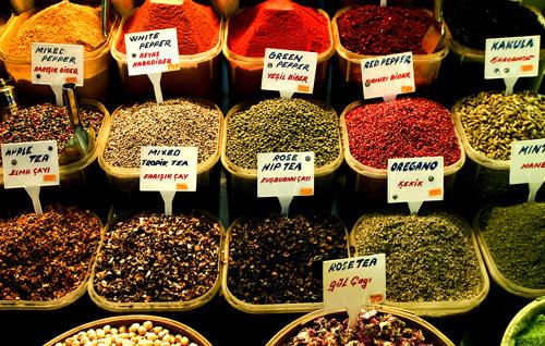 Selection of spices . The Spice Bazaar , Istanbul , Turkey